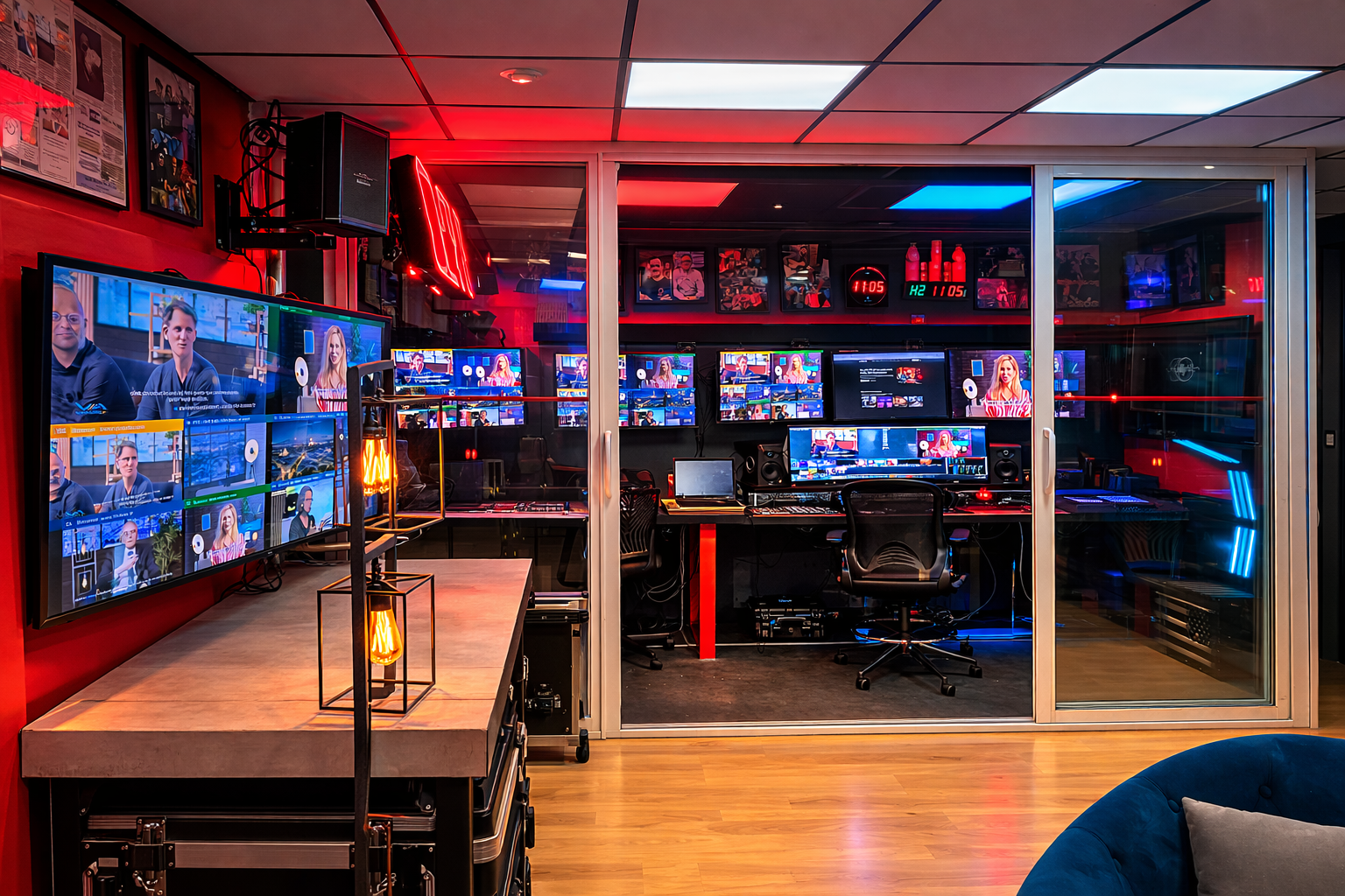 Régie visible derrière verrière dans le studio